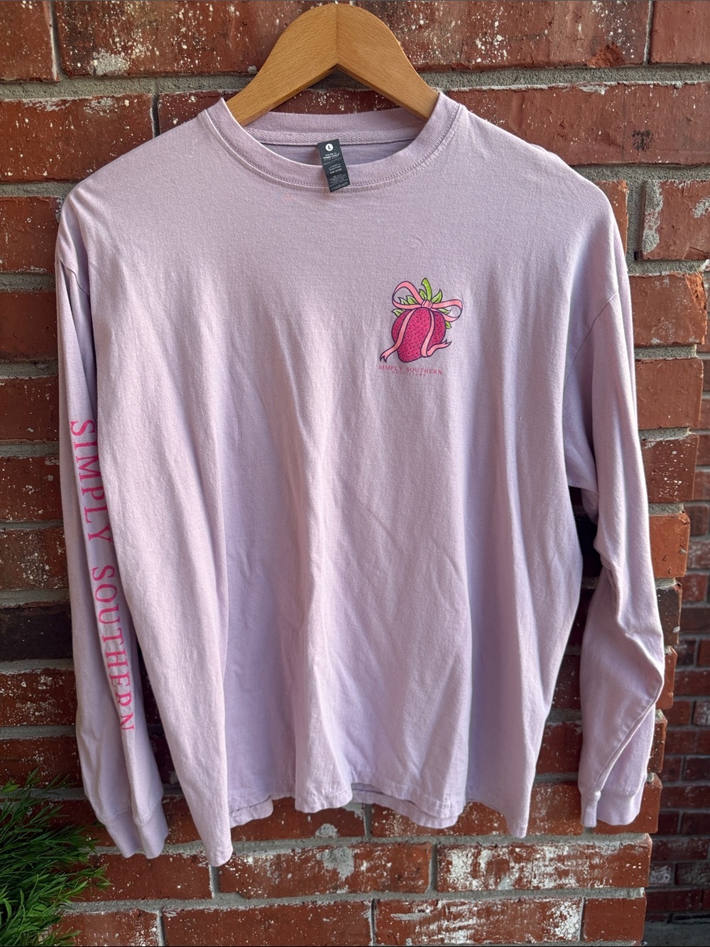 Simply Southern Light Lavender Pink Long Sleeve Tee with Strawberry Graphic - Picture 2 of 6